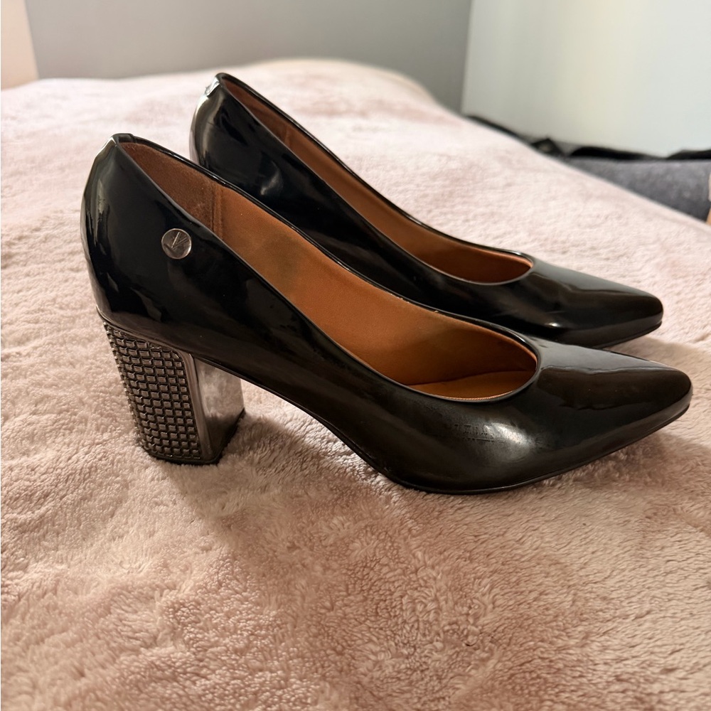 Chic Black Patent Heels with Studded Block Heel